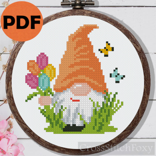 Spring gnome with flowers cross stitch pattern