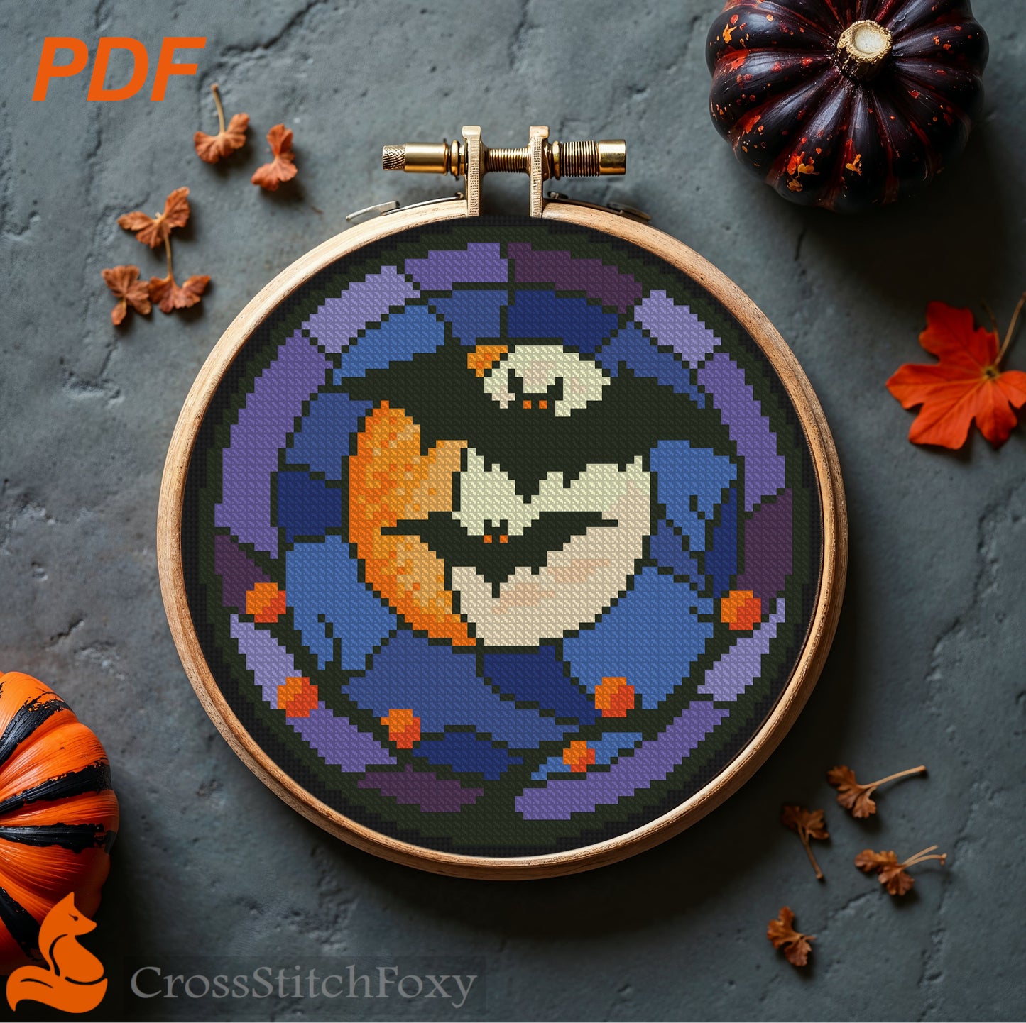 Stained Glass Halloween Bat Cross Stitch Pattern