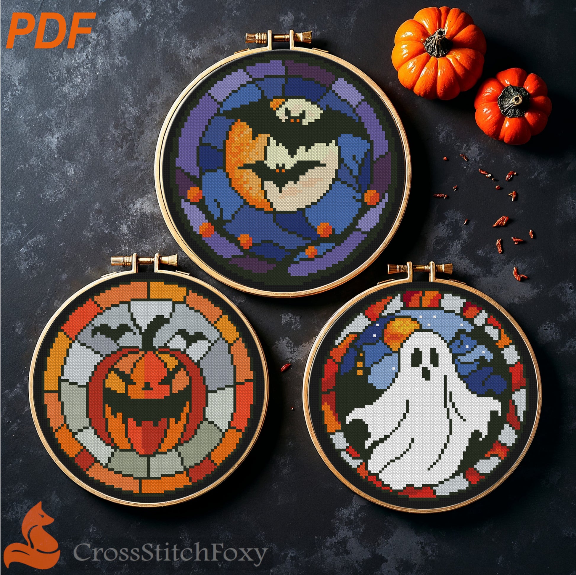 Stained Glass Halloween Cross Stitch Patterns