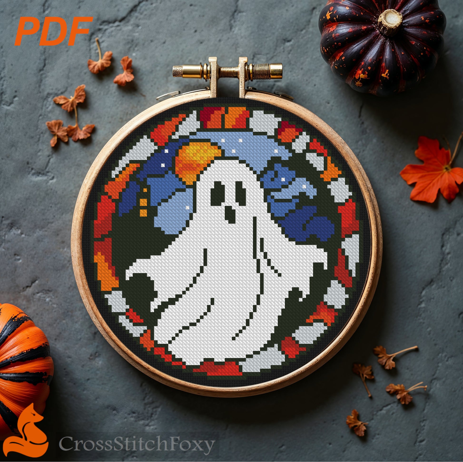 Stained Glass Halloween Ghost Cross Stitch Pattern