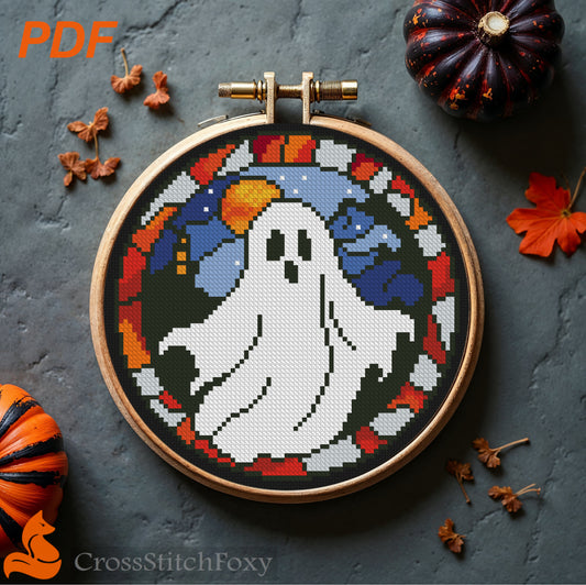 Stained Glass Halloween Ghost Cross Stitch Pattern
