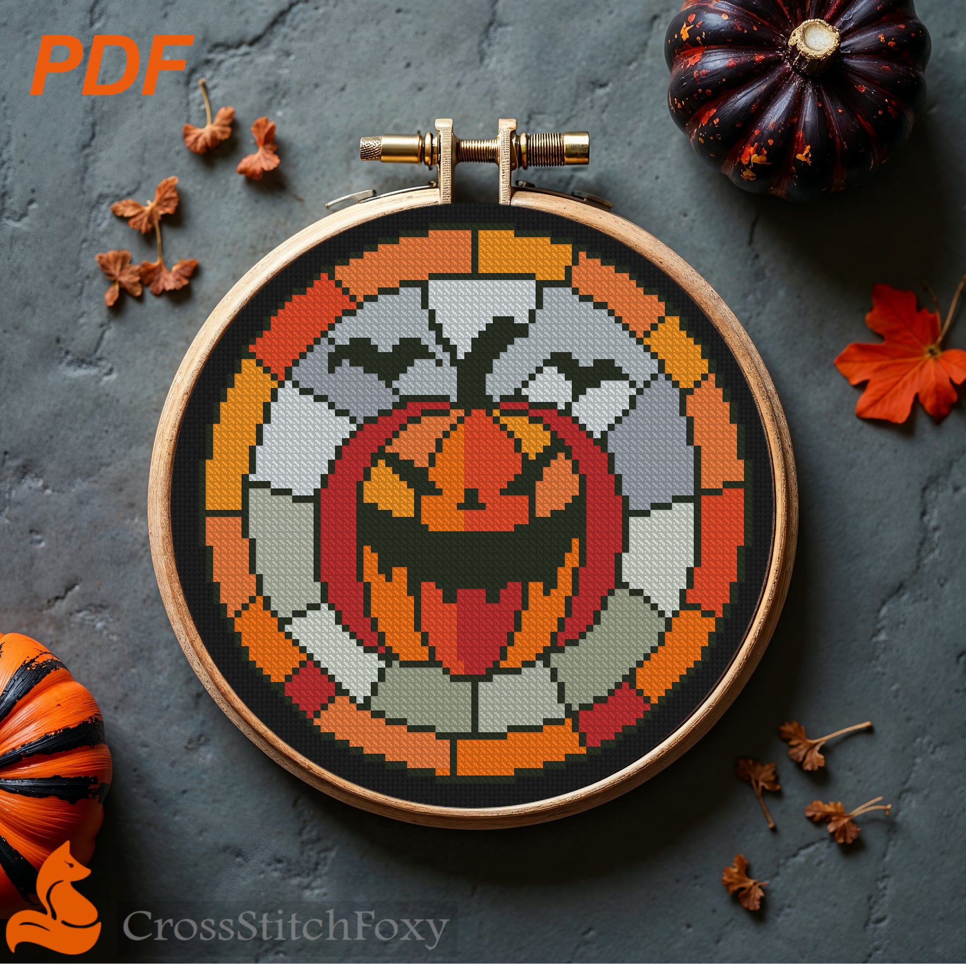 Stained Glass Halloween Pumpkin Cross Stitch Pattern