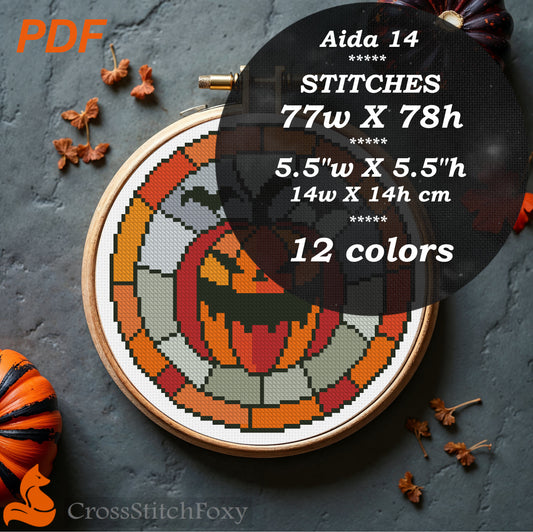 Stained Glass Halloween Pumpkin Cross Stitch Pattern