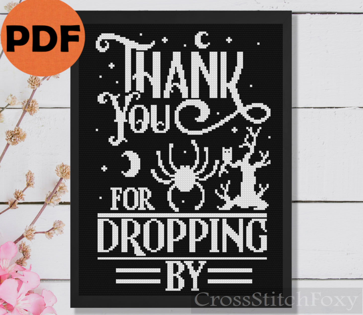 Thank You for Dropping By Halloween cross stitch pattern