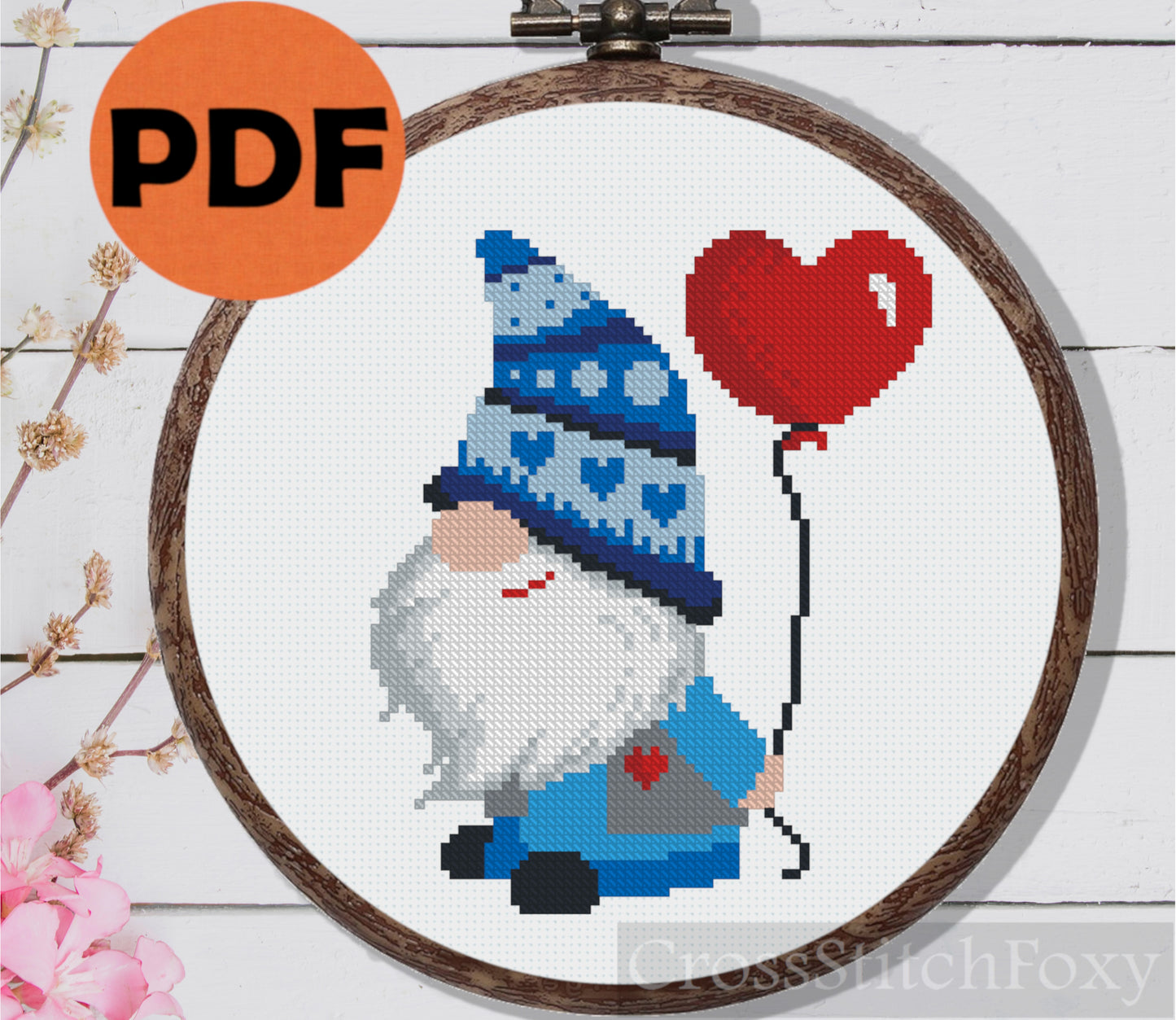 Valentine Gnome with Balloon cross stitch pattern