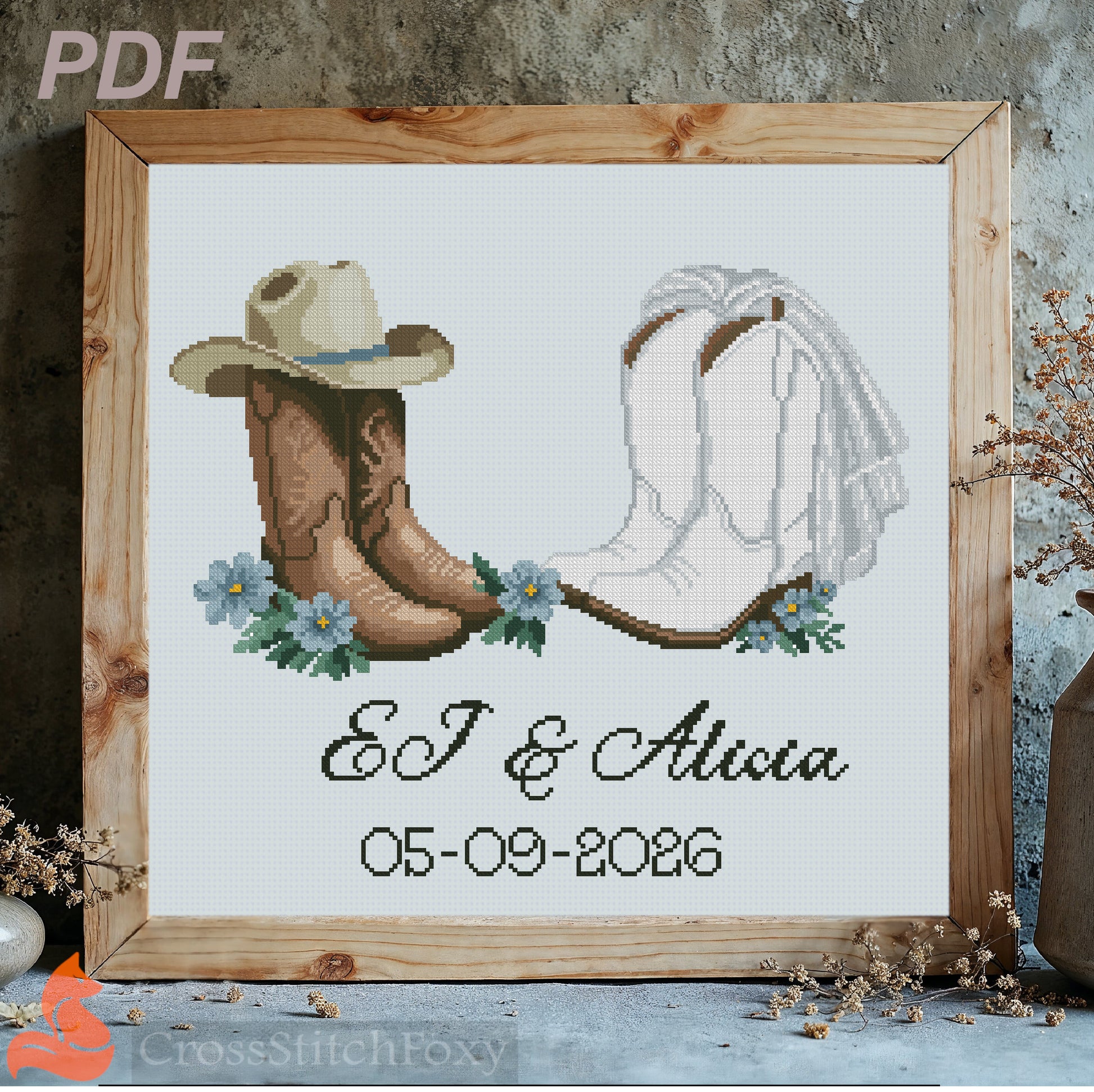 Wedding Cowboy Boots Cross Stitch Pattern, Blue Gray Theme + Brush Alphabet for Personalizing cross stitch pattern