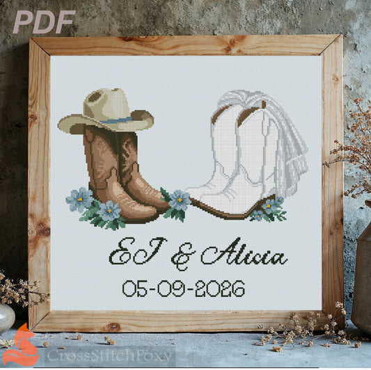Wedding Cowboy Boots Cross Stitch Pattern, Blue Gray Theme + Brush Alphabet for Personalizing cross stitch pattern