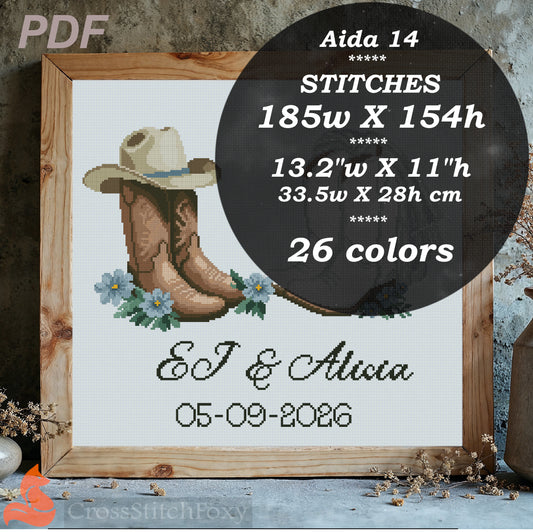 Wedding Cowboy Boots Cross Stitch Pattern, Blue Gray Theme + Brush Alphabet for Personalizing cross stitch pattern