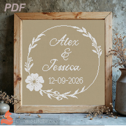 Wedding Cross Stitch Pattern, Round Floral Frame + Brush Alphabet for Personalizing