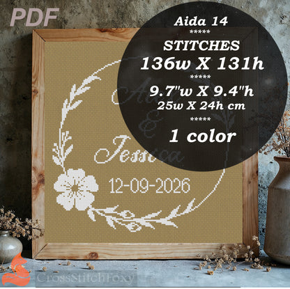 Wedding Cross Stitch Pattern, Round Floral Frame + Brush Alphabet for Personalizing