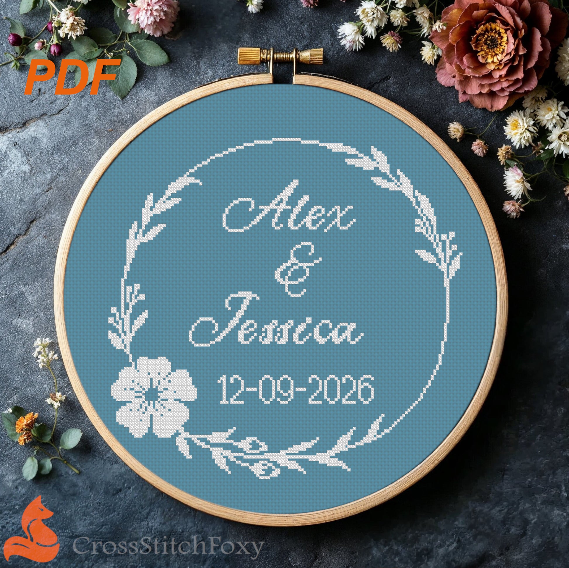 Wedding Cross Stitch Pattern, Round Floral Frame + Brush Alphabet for Personalizing