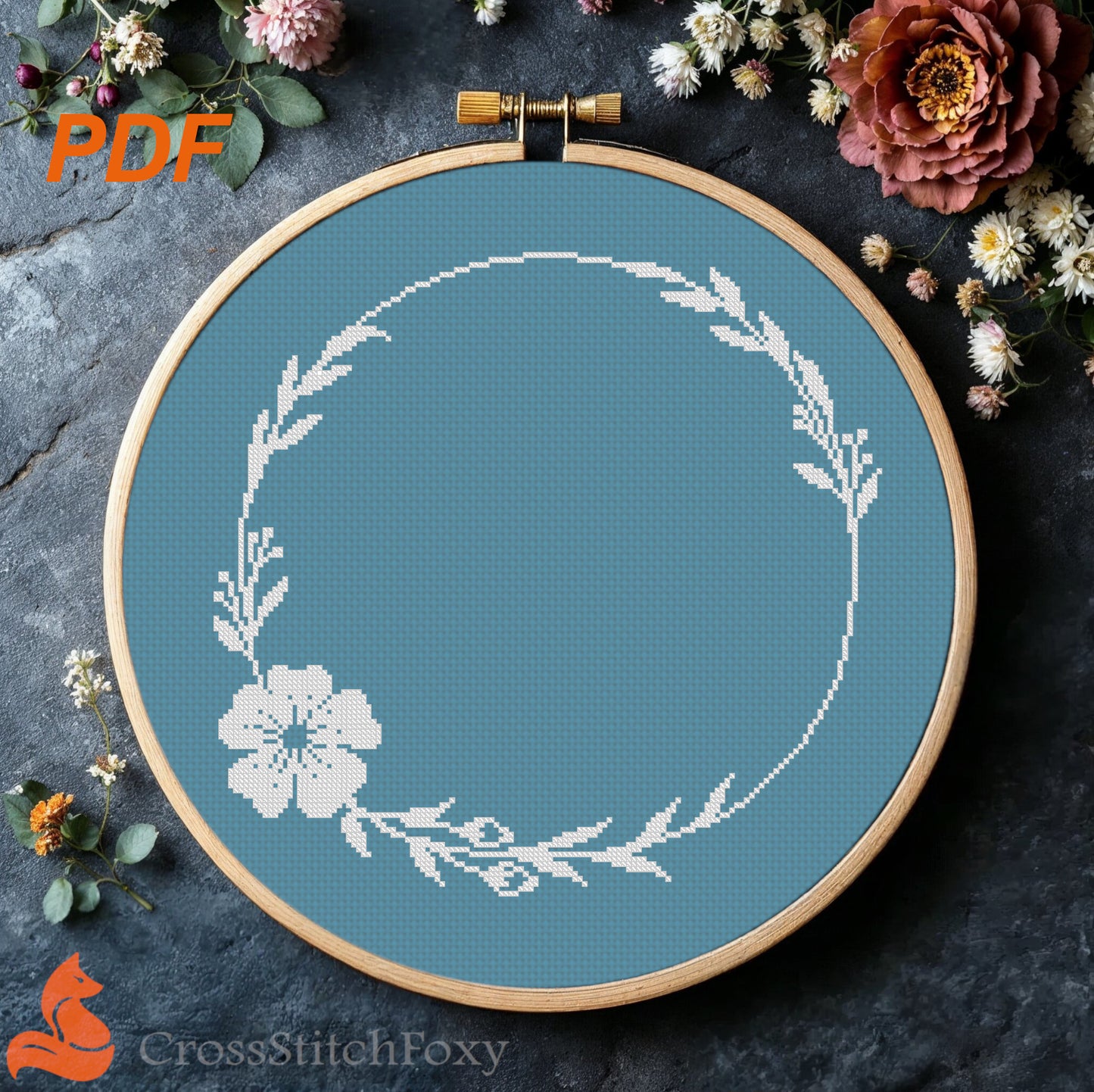 Wedding Cross Stitch Pattern, Round Floral Frame + Brush Alphabet for Personalizing