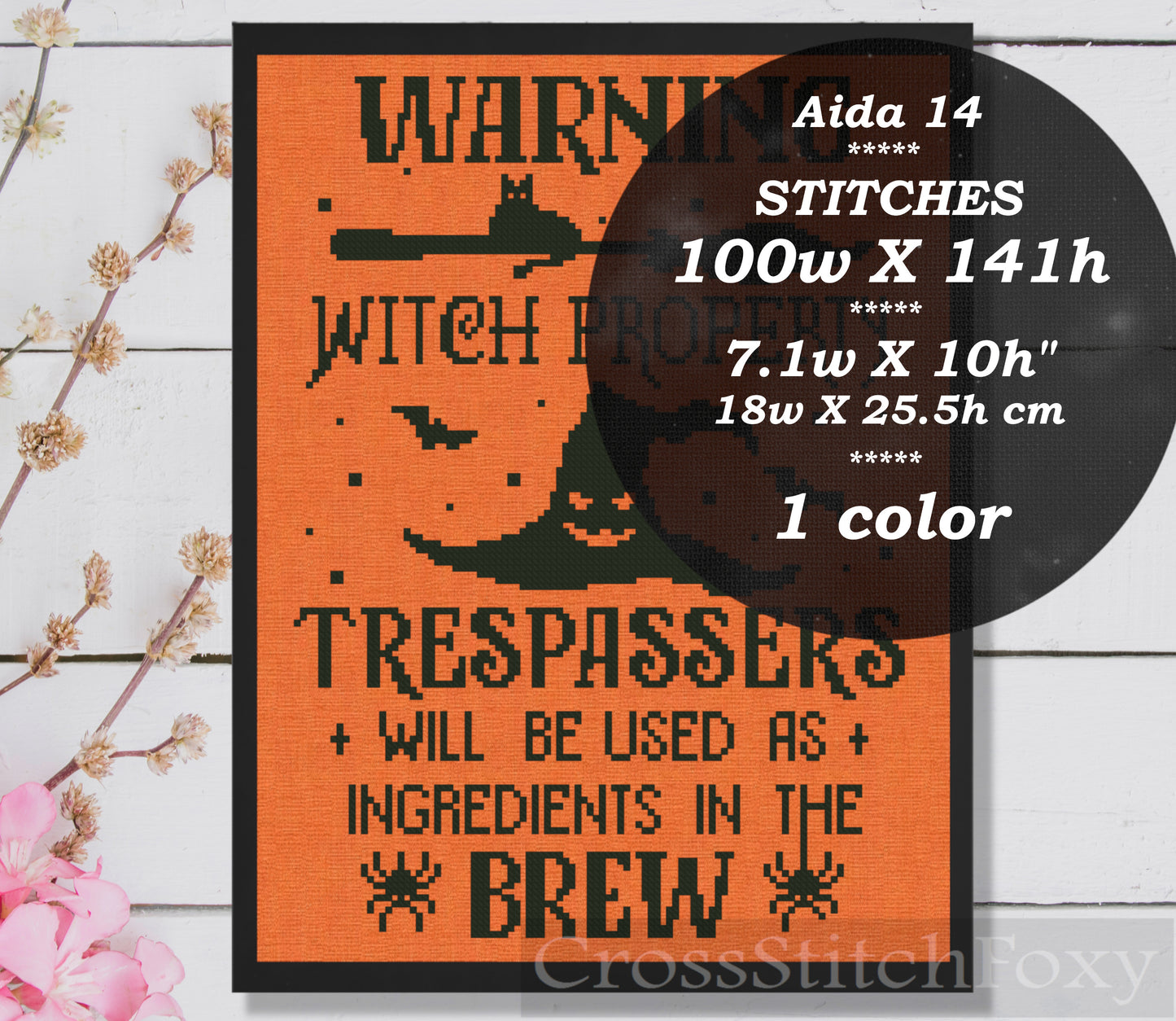 Witch Warning Halloween Cross Stitch Pattern