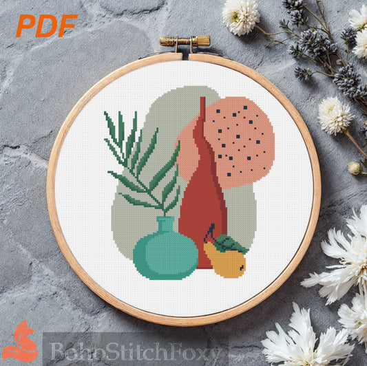 Modern abstract aesthetic pot vase still life cross stitch pattern
