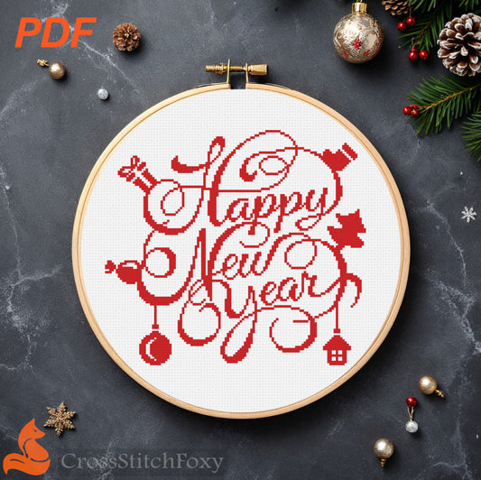 Happy New Year Lettering cross stitch pattern