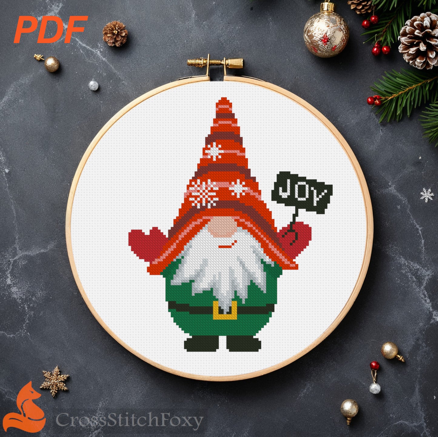 Scandinavian gnome joy cross stitch pattern