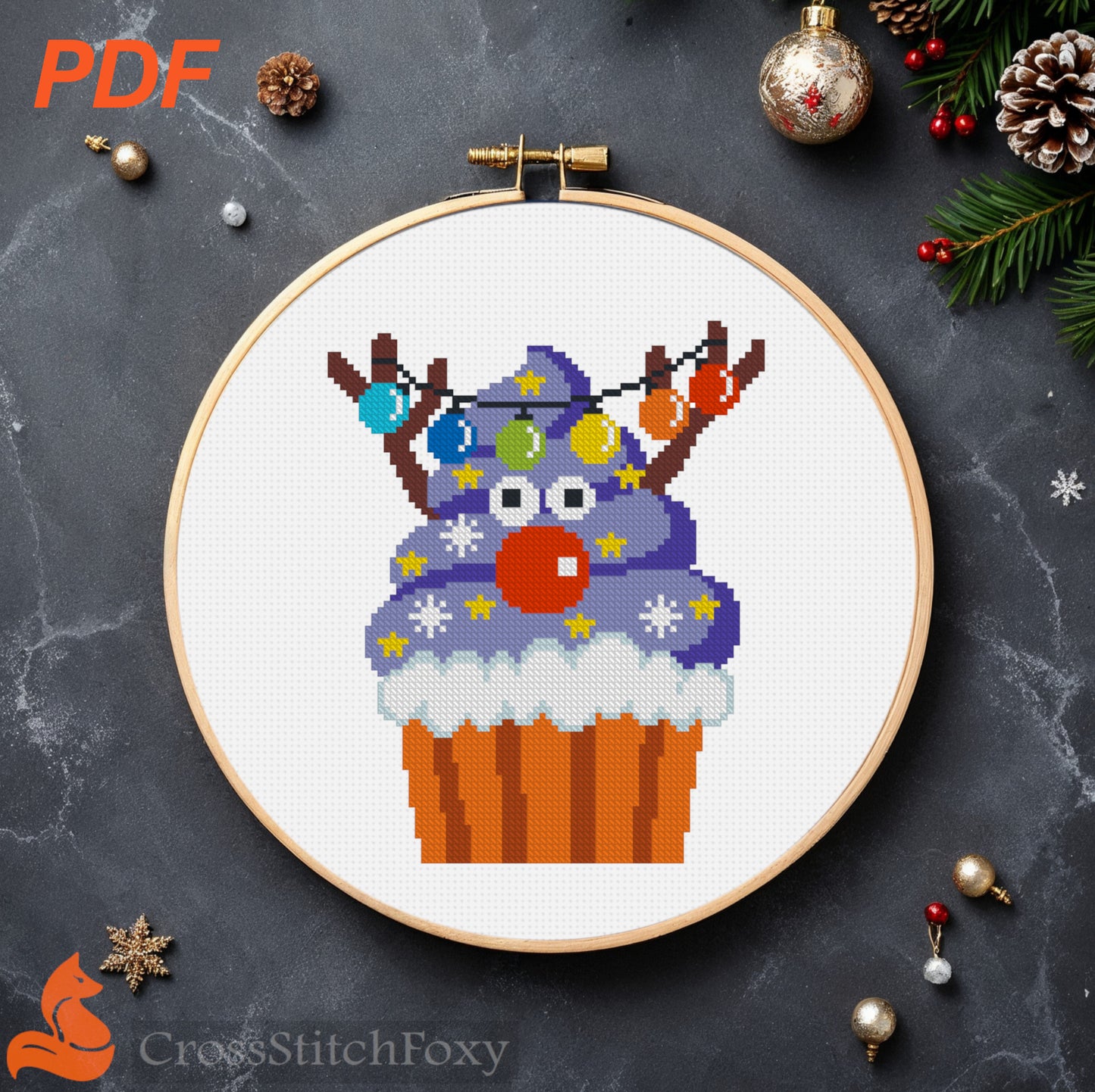 Christmas deer cupcake cross stitch pattern