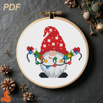 Gnome With Christmas Lights Cross Stitch Pattern