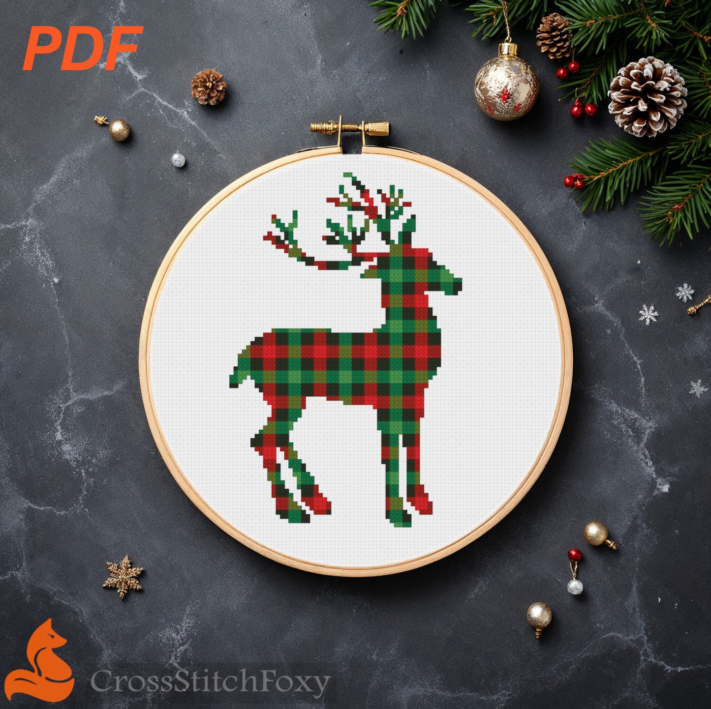 Buffalo Plaid Deer cross stitch pattern