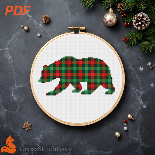 Buffalo Plaid Bear cross stitch pattern