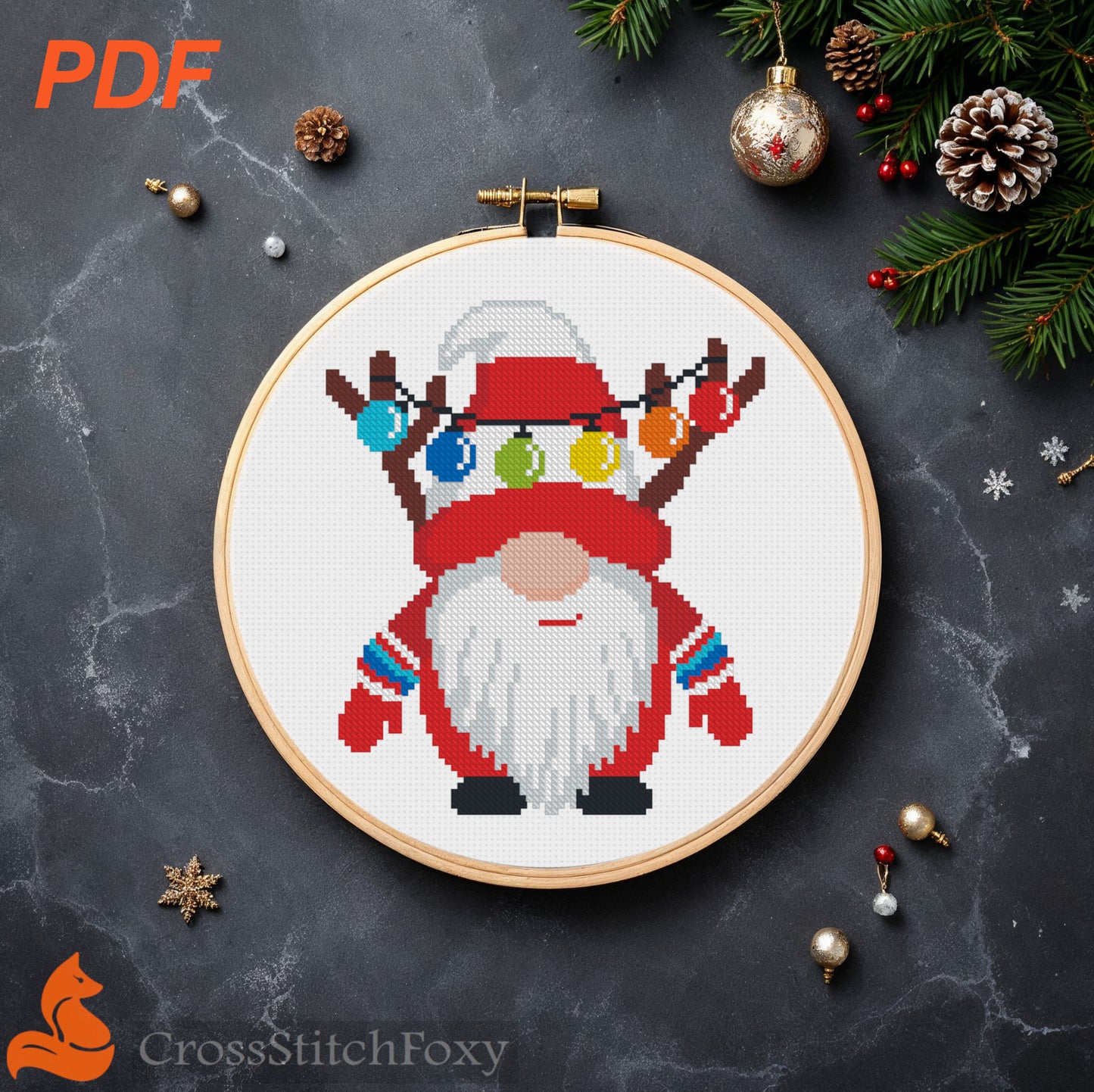 Christmas gnome deer cross stitch pattern