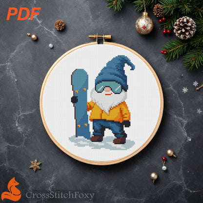 Snowboard Gnome cross stitch pattern