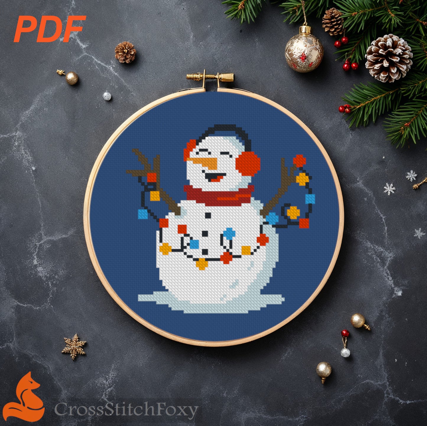 Snowman with Christmas Lights Cross Stitch Pattern
