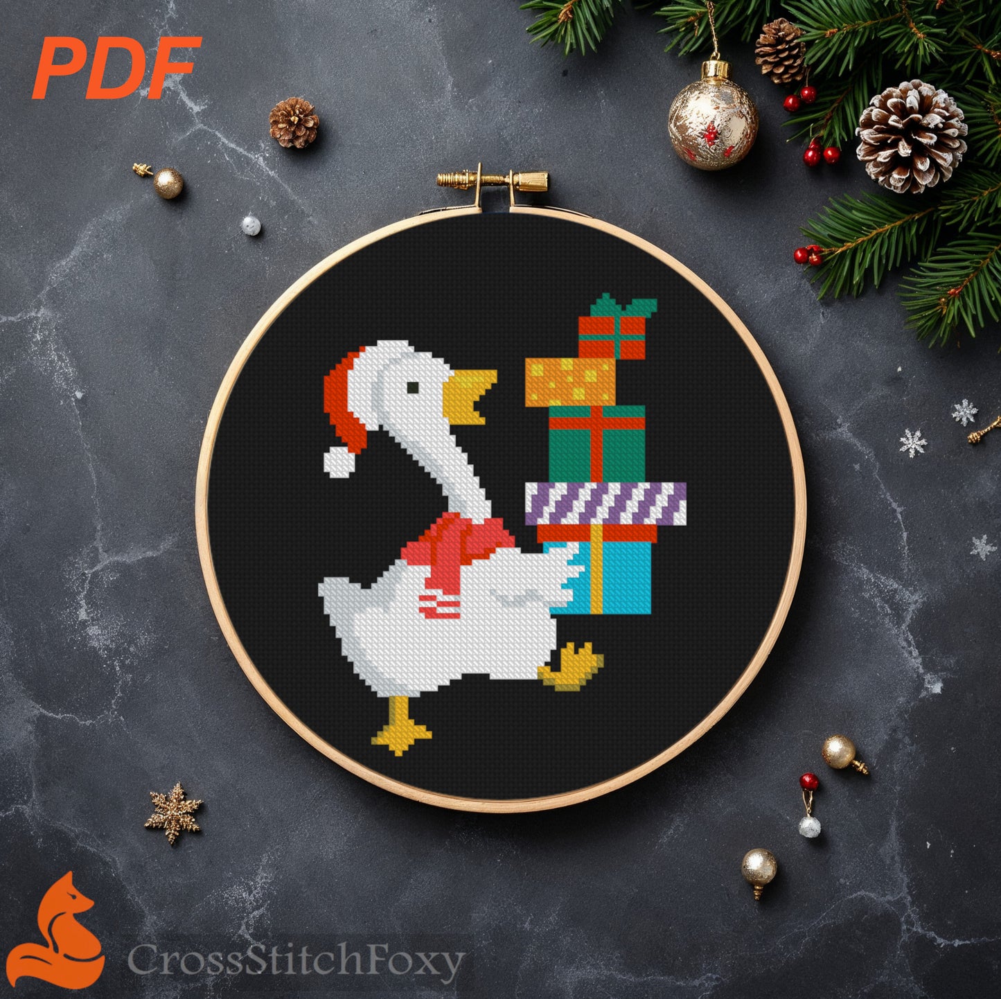 Christmas Goose With Gifts Cross Stitch Pattern