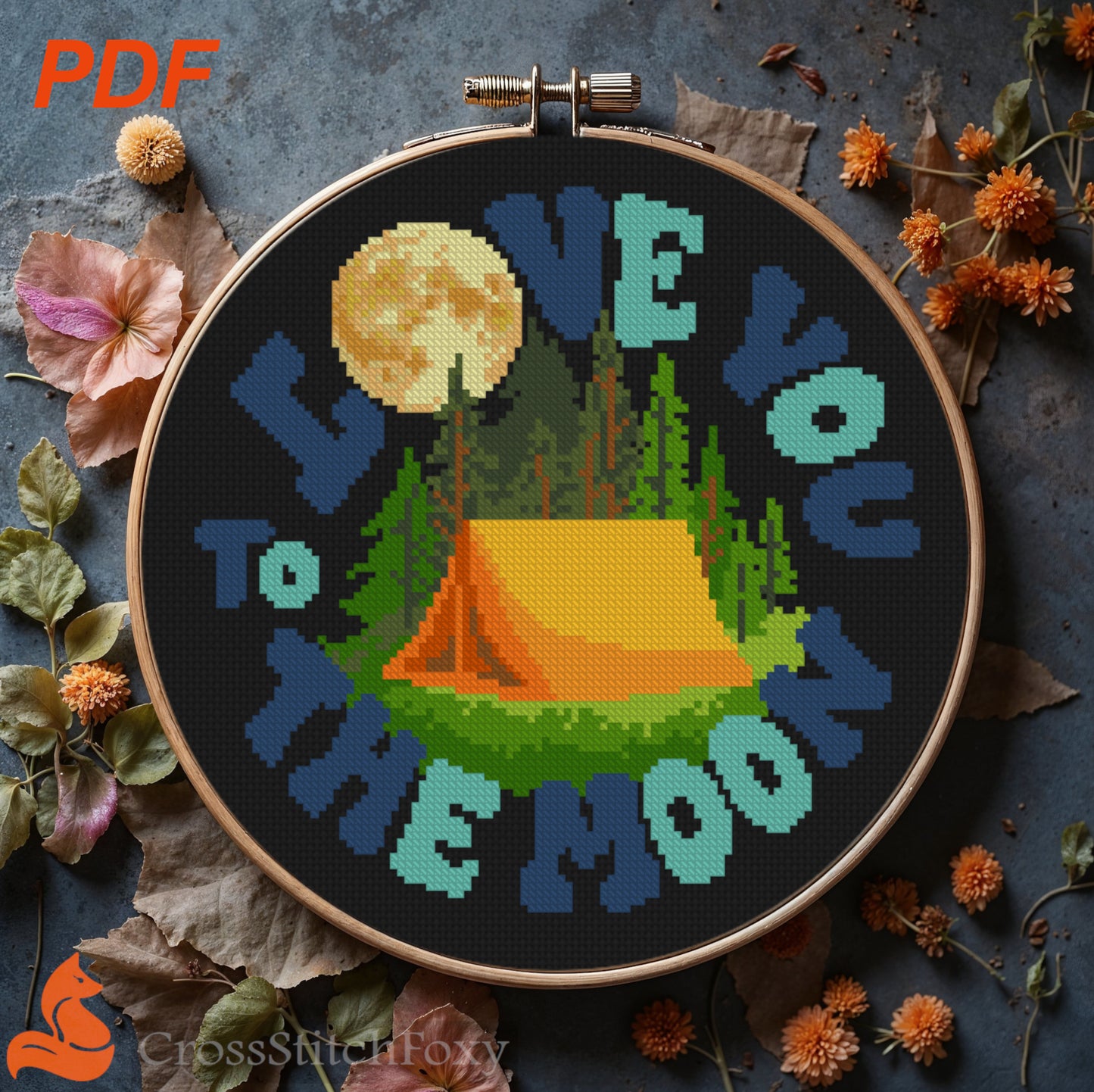 I Love You To The Moon camping cross stitch pattern