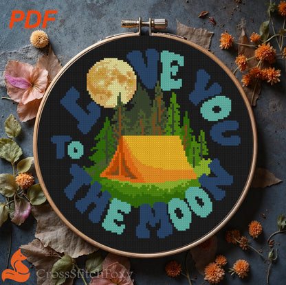 I Love You To The Moon camping cross stitch pattern