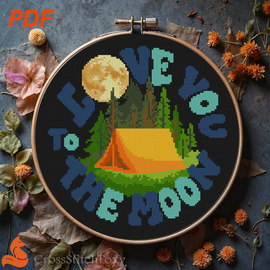 I Love You To The Moon camping cross stitch pattern