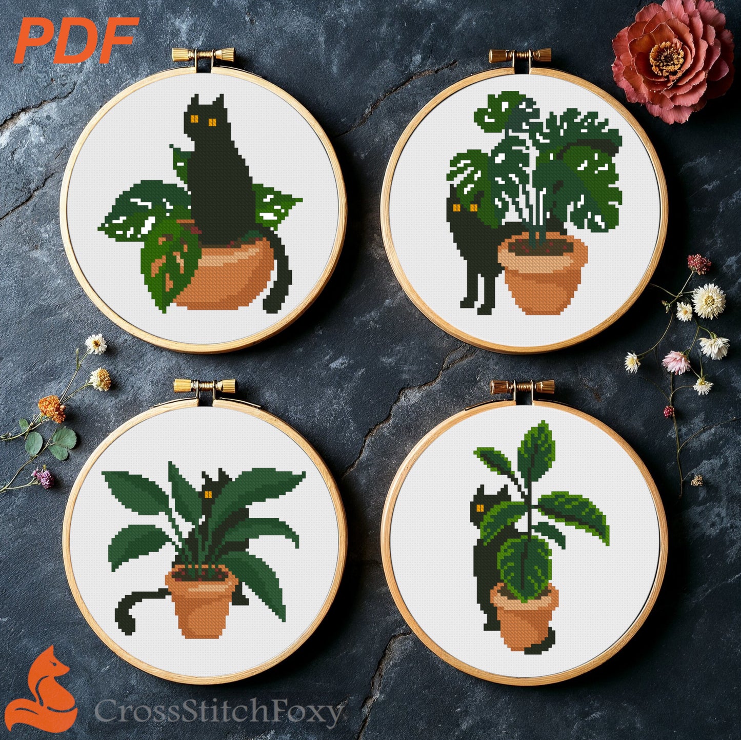 Black Cat with Home Plants Cross Stitch Pattern