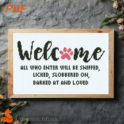 Welcome Sign Dog Cross Stitch Pattern