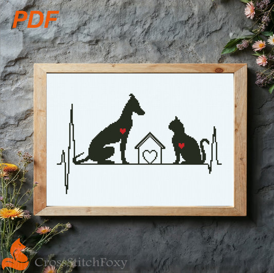 Greyhound and cat cross stitch pattern