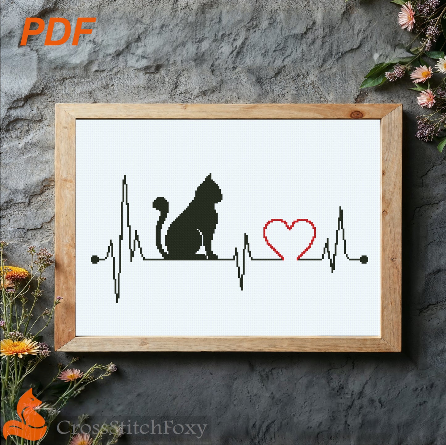 Cat Love Cardiogram cross stitch pattern