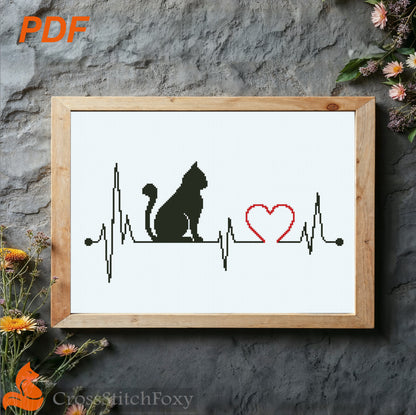 Cat Love Cardiogram cross stitch pattern