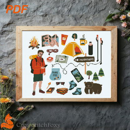 Hiking Man Camping Elements Cross Stitch Pattern