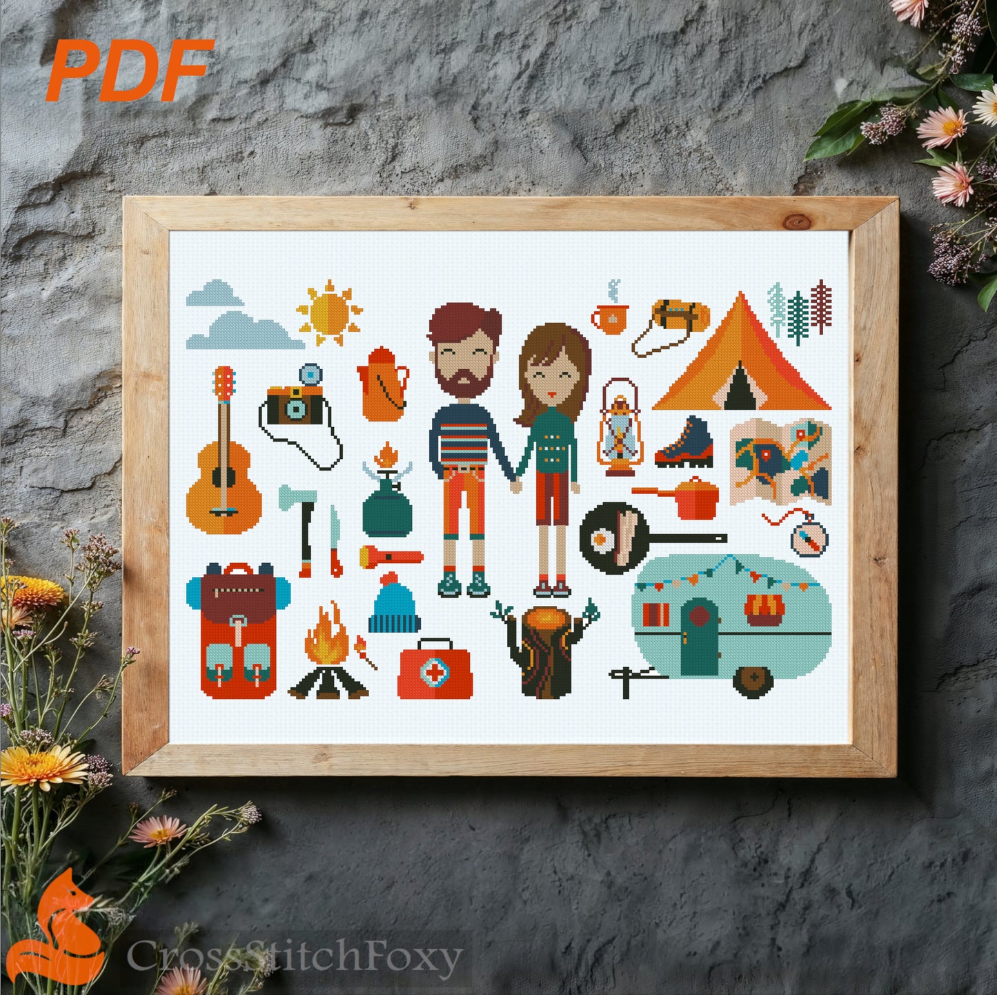 Camping couple cross stitch pattern
