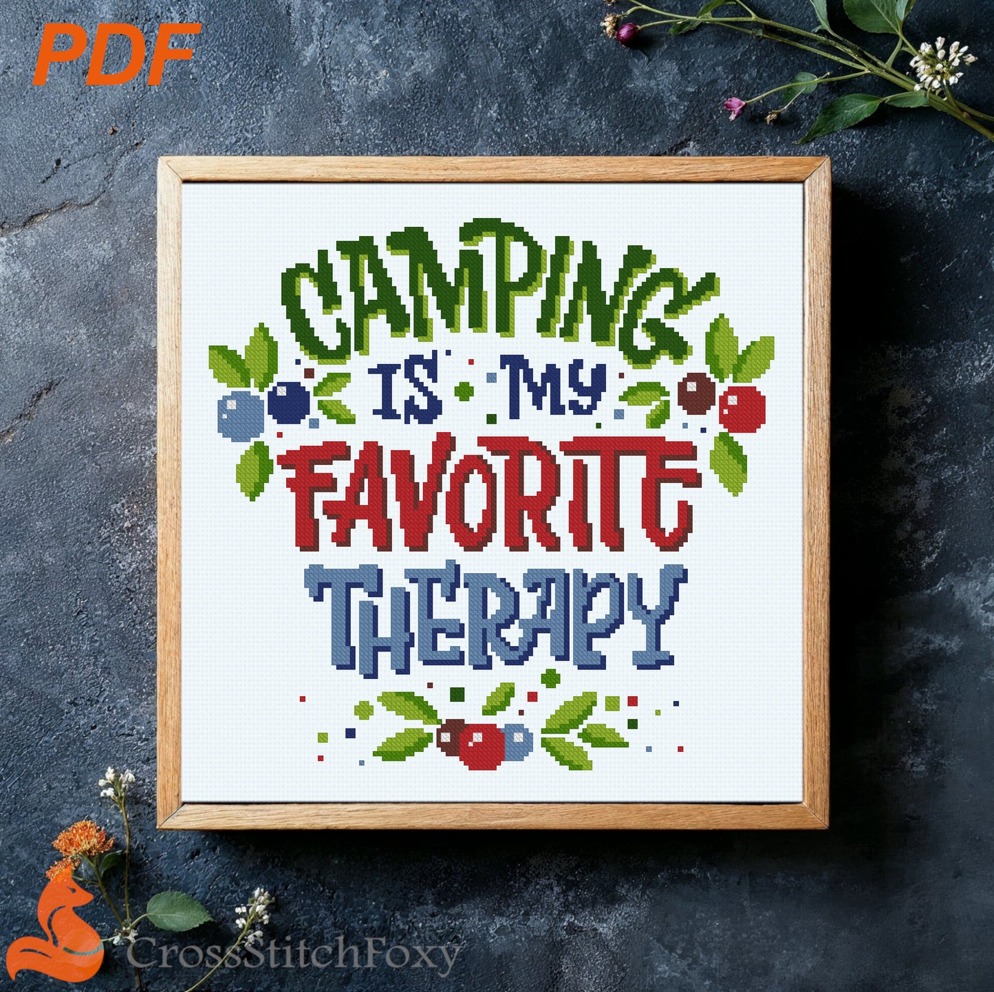 Camping Is My Therapy Cross Stitch Pattern US-UK spelling