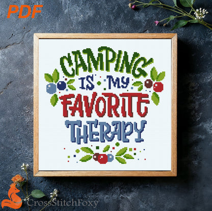 Camping Is My Therapy Cross Stitch Pattern US-UK spelling