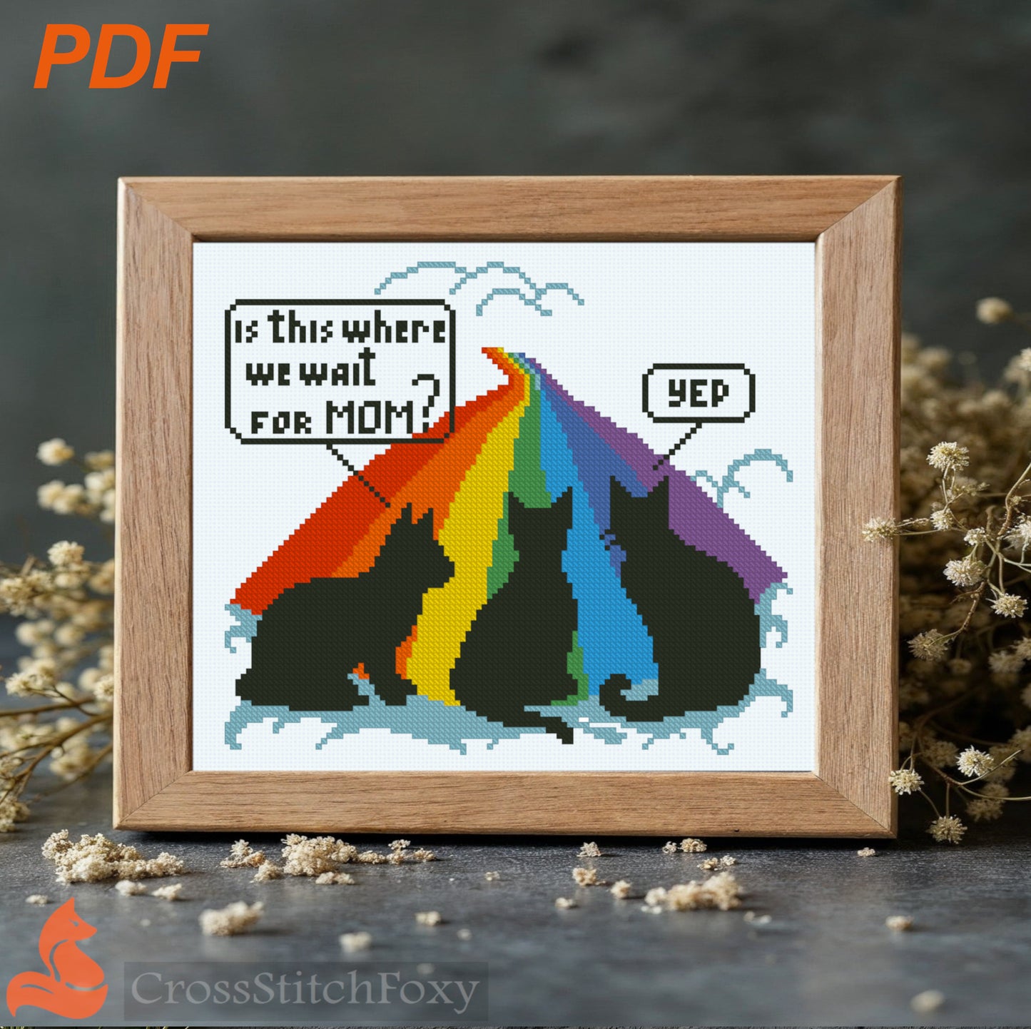 Three Cats Rainbow Bridge cross stitch pattern