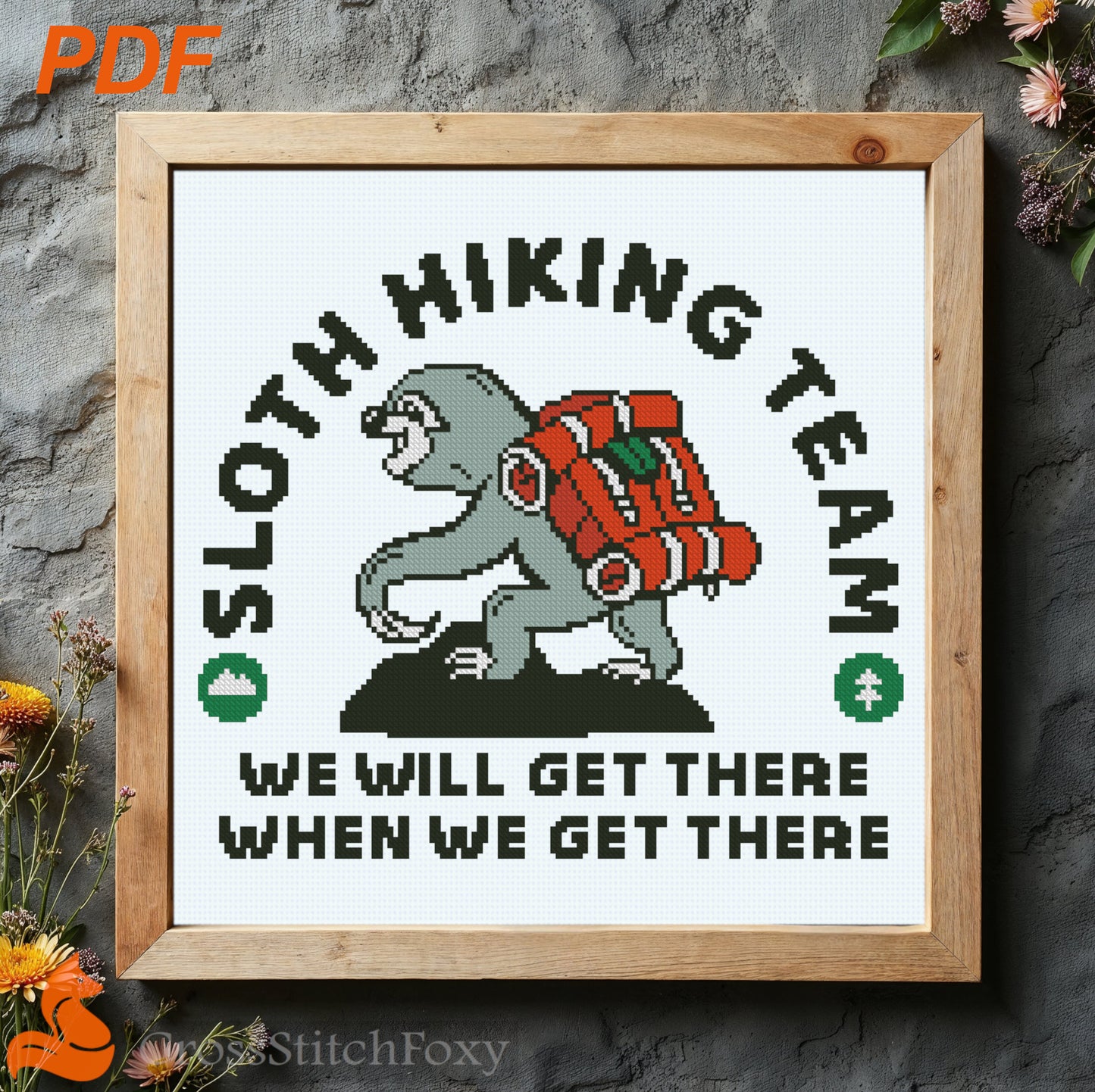 Funny sloth hiking cross stitch pattern