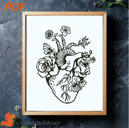 Anatomical Floral Heart cross stitch pattern