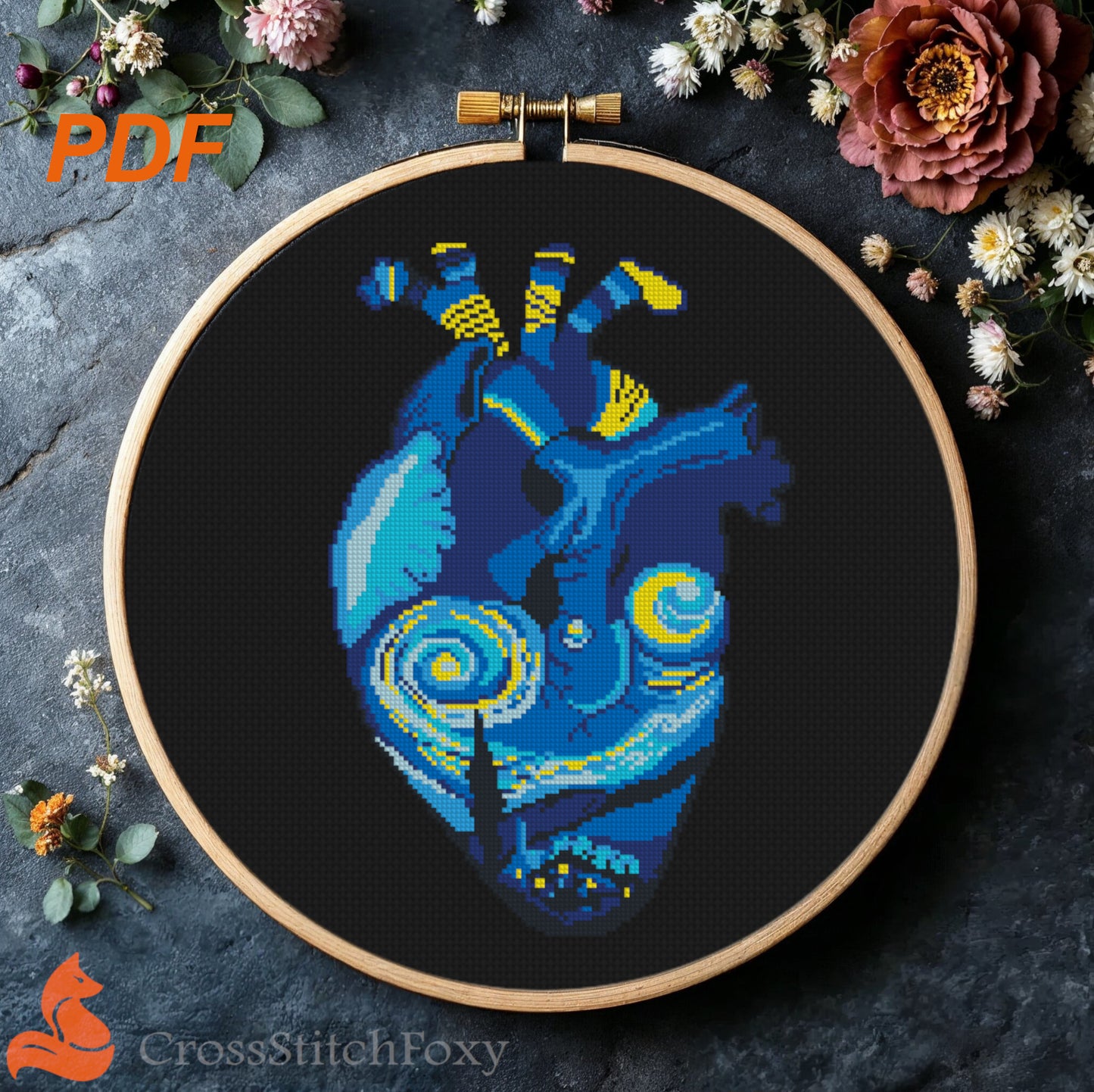 Anatomy heart Starry Night Van Gogh cross stitch pattern