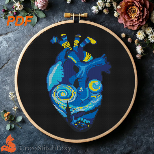 Anatomy heart Starry Night Van Gogh cross stitch pattern