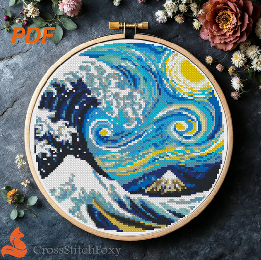 The Great Wave Starry Night cross stitch pattern