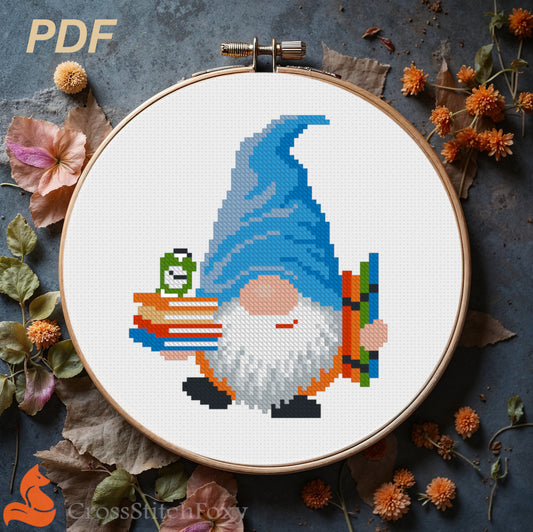 School Gnome Cross Stitch Pattern