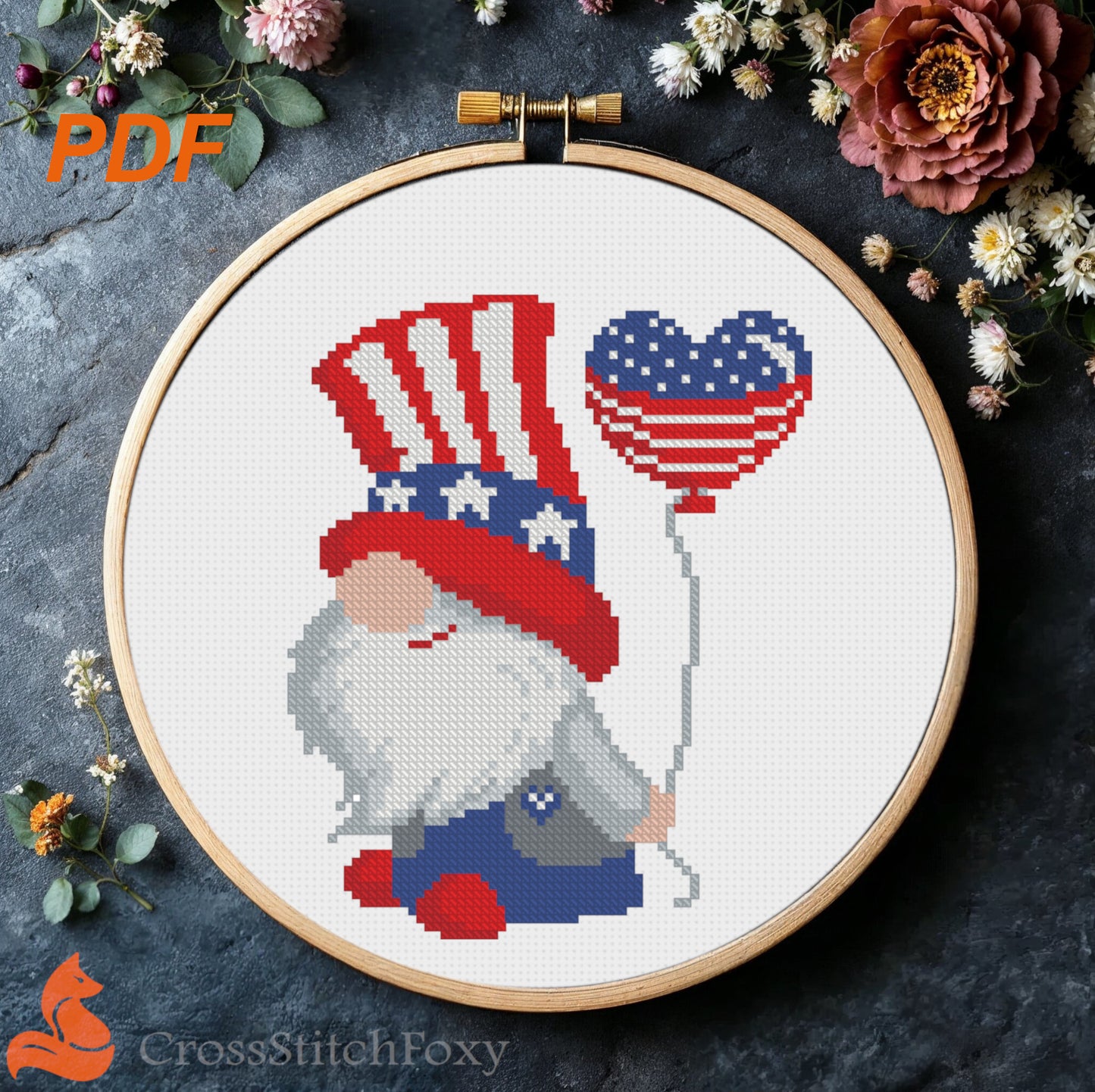 Patriotic Gnome with Balloon cross stitch pattern
