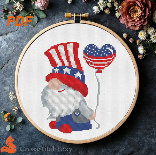 Patriotic Gnome with Balloon cross stitch pattern