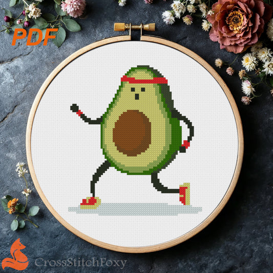 Running Avocado cross stitch pattern